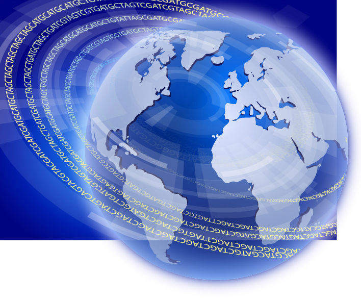 Illustration of the globe encircled by DNA sequences to convey worldwide sharing of genomic data.