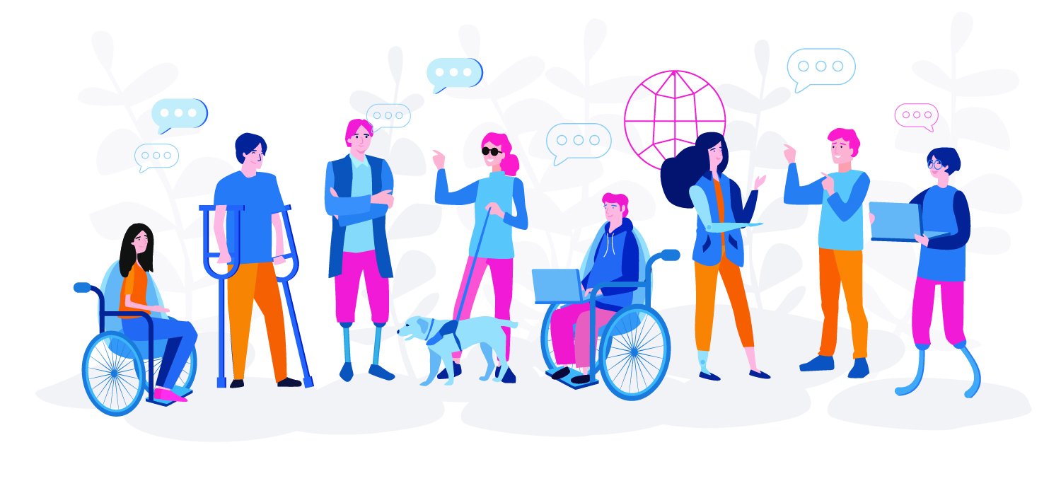 Illustration of people with different disabilities doing a variety of daily activities, including working, talking together, and walking a dog.