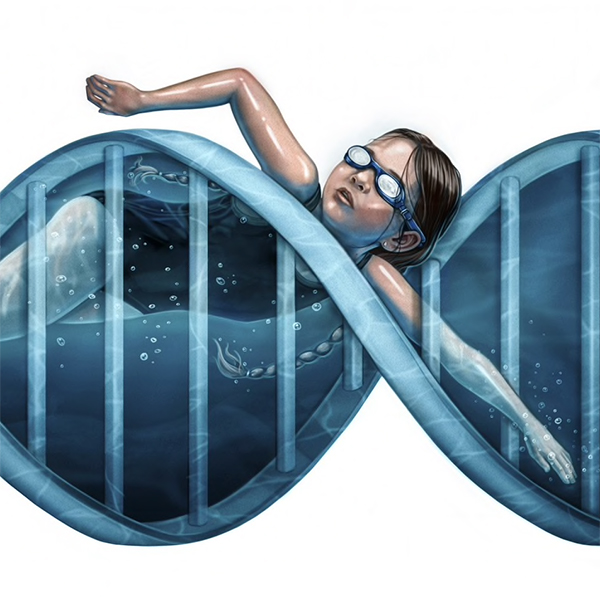 Girl swimming in a double helix.