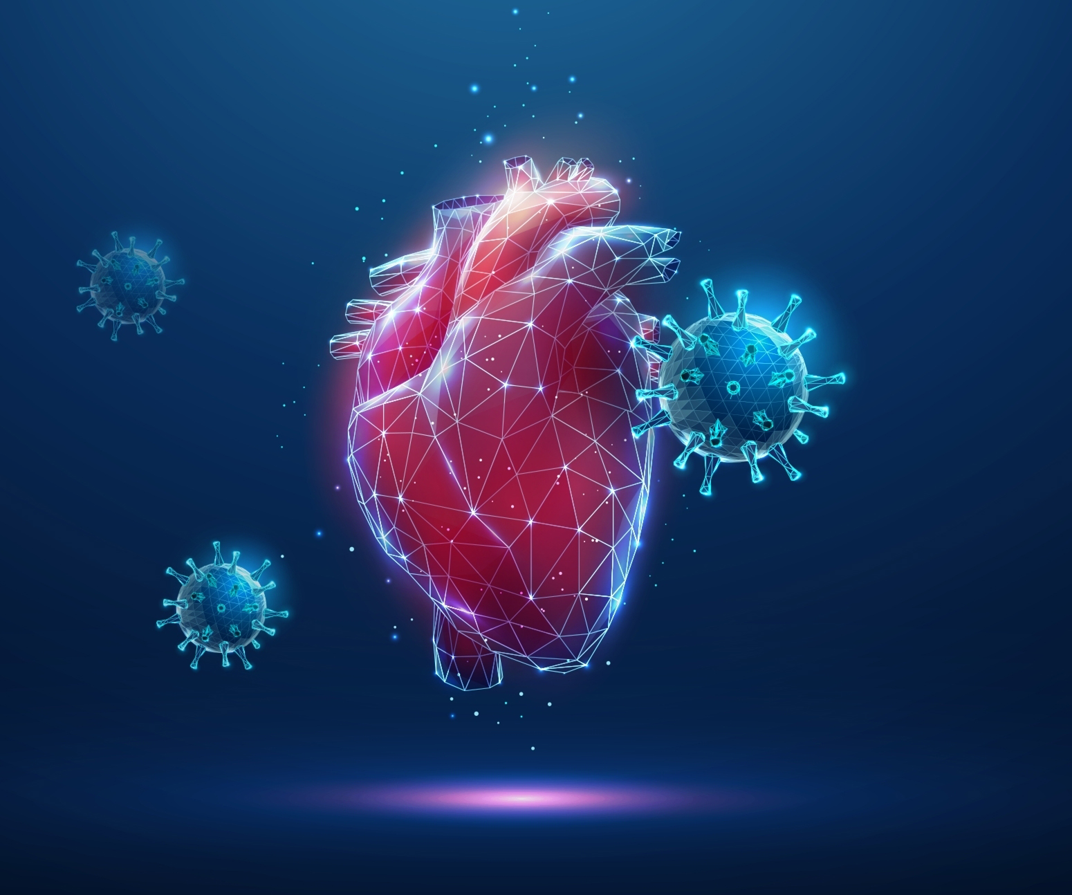 Schematic of a heart with SARS-CoV-2 viruses in the background