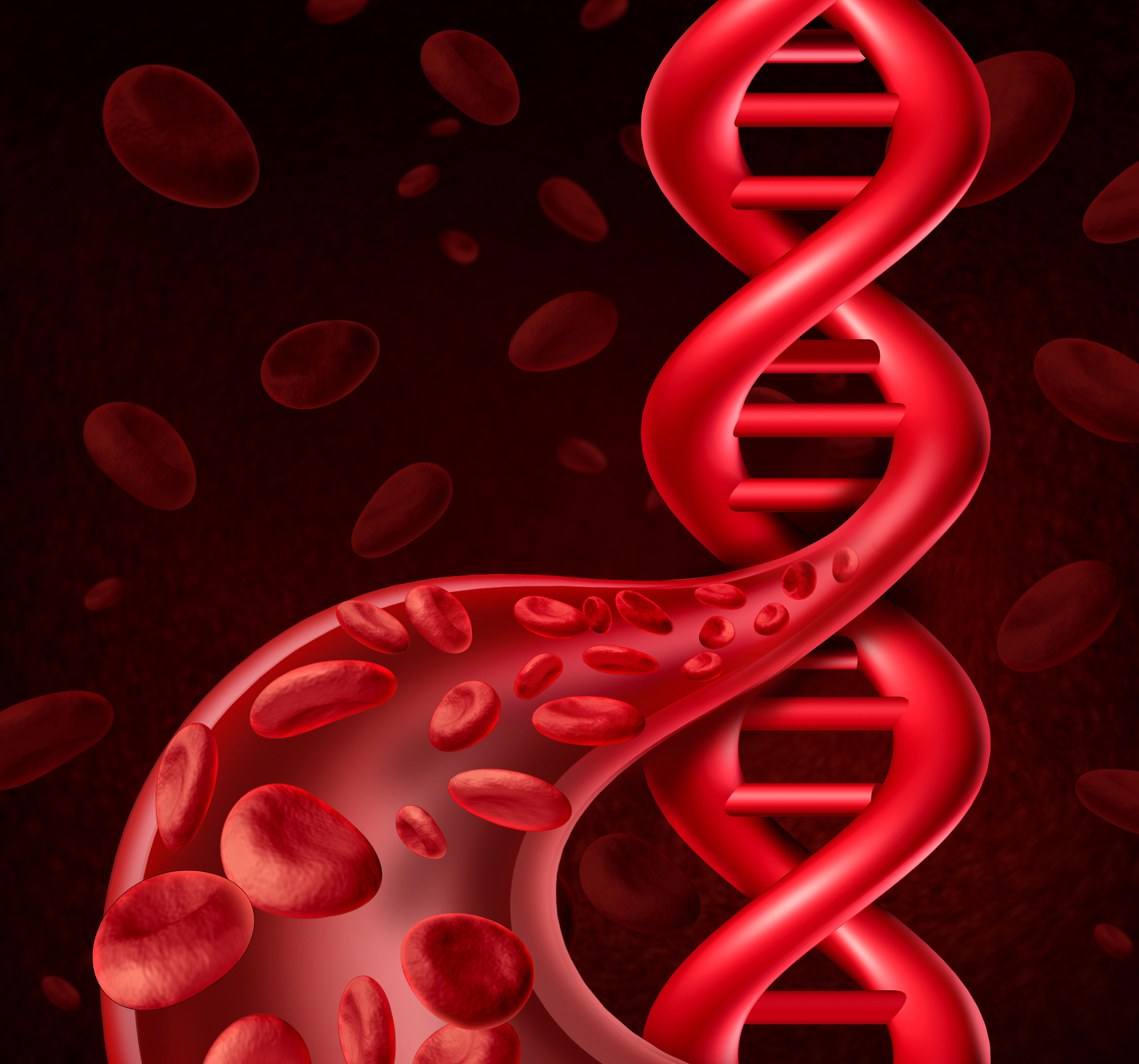 Illustration of DNA, blood cells, and a blood vessel Illustration of DNA, blood cells, and a blood vessel.