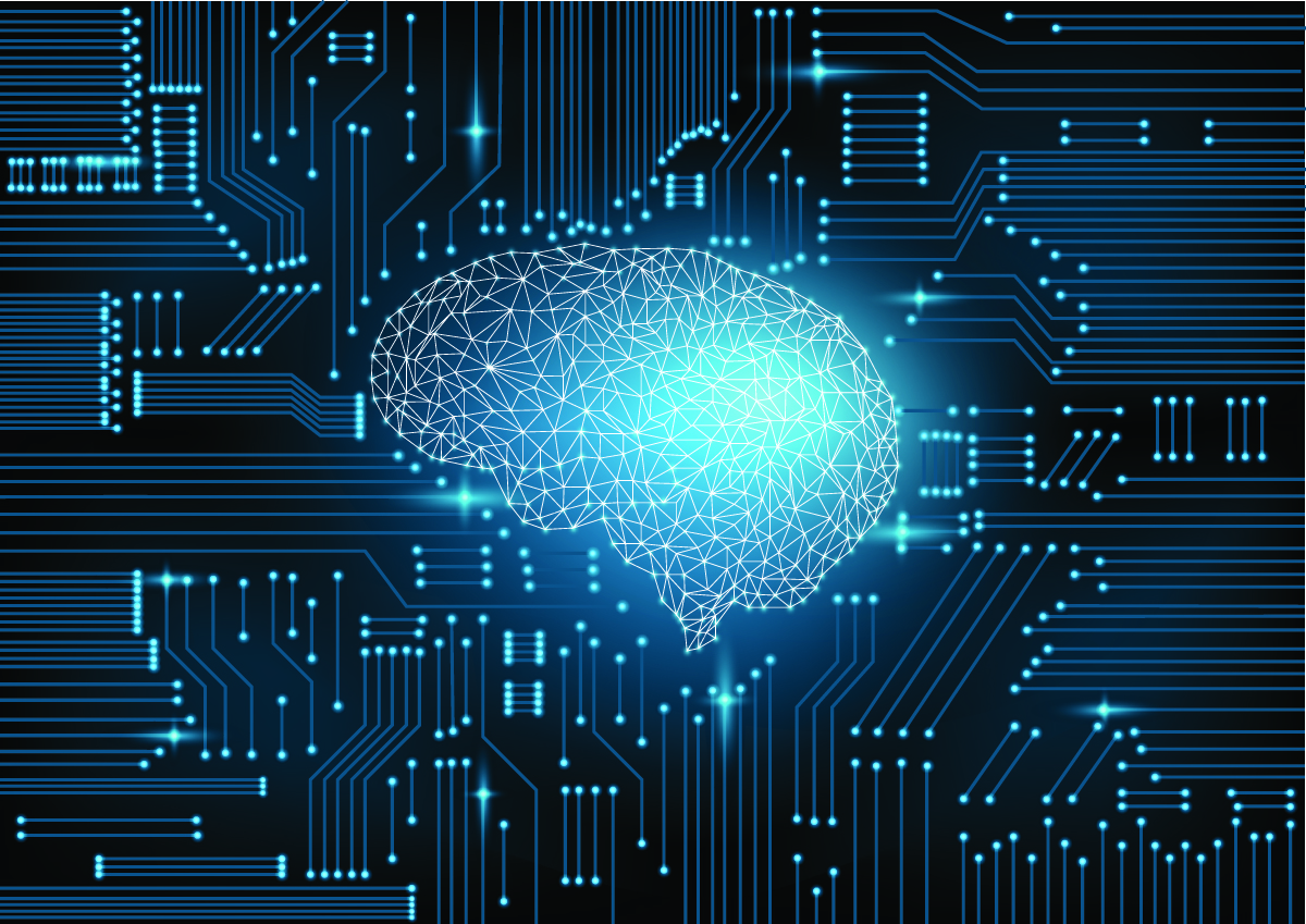 Illustration of a brain on a circuit board, with one area brightened Illustration of a brain on a circuit board, with one area brightened