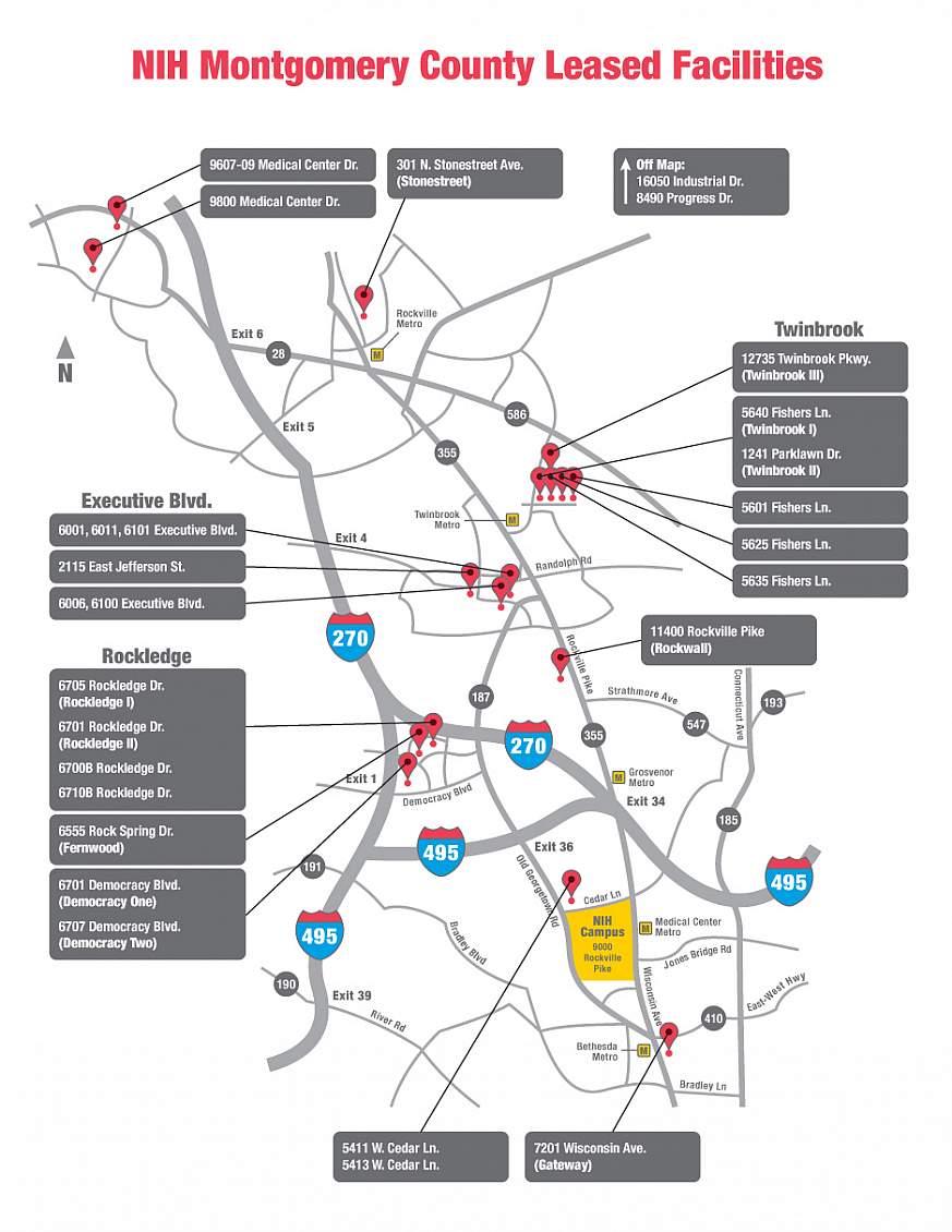 Map showing NIH facilities leased from Montgomery County, Maryland.