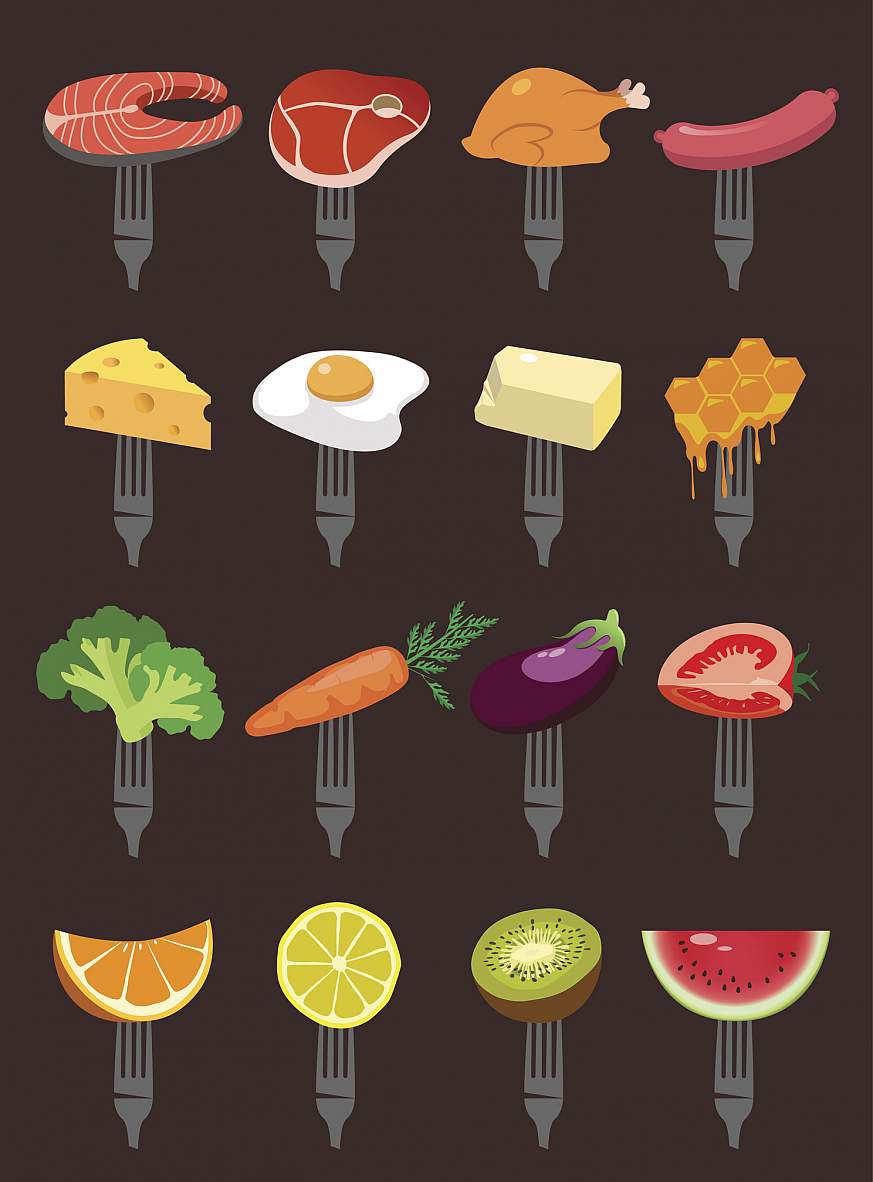Foods on forks Illustration of a variety of foods on forks