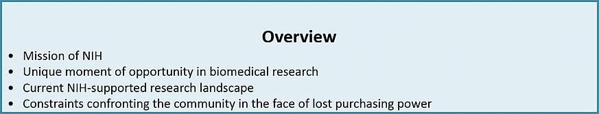 Overview: Mission of NIH, Unique moment of opportunity in biomedical research, Current NIH-supported research landscape, Constraints confronting the community in the face of lost purchasing power