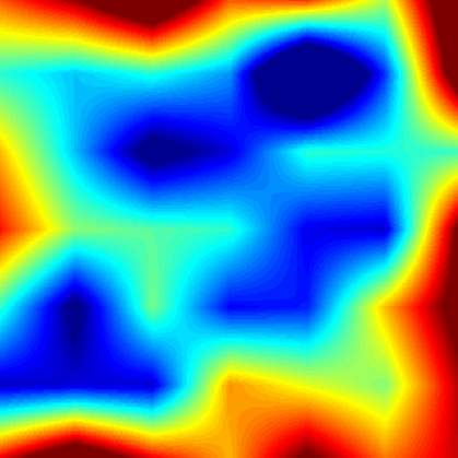 Heat map of room showing red areas near the edges and blue near the middle