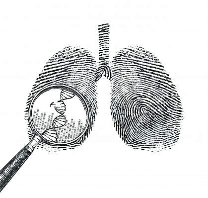 Illustration of lungs made up of DNA sequences, with a magnifying glass showing a broken DNA strand.