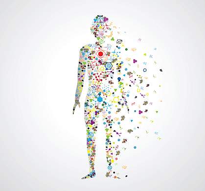 Abstract illustration of molecules forming the shape of a human body Abstract illustration of molecules forming the shape of a human body