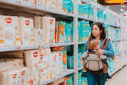 Mother picking out diapers at a store with a baby in a sling