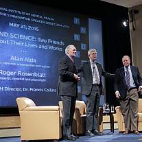 Intelligence is always celebrated in Masur Auditorium; wit, not so much. That changed with (from l) Alan Alda, NIH director Dr. Francis Collins and Roger Rosenblatt on May 21