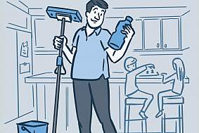 Illustration of a dad holding a mop and reading the label on a bottle of cleaning fluid in a kitchen