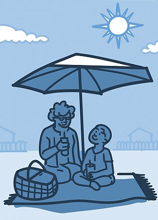 Illustration of a grandparent with their grandchild picnicking under an umbrella