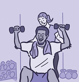 Illustration of a man lifting weights with a personal trainer