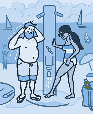 Illustration of a man and a woman rinsing off in a shower on the beach