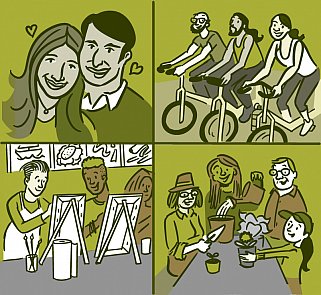 Collage of four illustrations of people making social connections