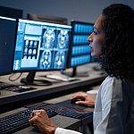 A radiation technologist analyzes brain MRI images on a computer screen