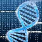 DNA double helix rests on a field of ACGTs and binary numbers.